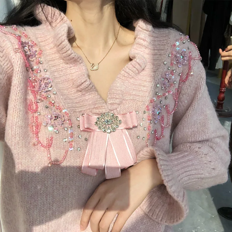 

New Autumn Winter Sweater Women Thick Slim Elegant Ruffled Long Sleeved Pullover Knitted Woman Solid Bow Pearl Sweaters Sequins