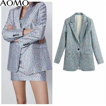 

AOMO women vintage blue floral print blazer female long sleeve elegant jacket ladies work wear blazer formal suits BE220A