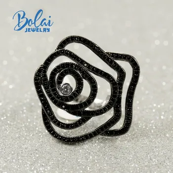 

Blooming rose design 925 sterling silver natural gemstone black spinel big ring party Ring nice gift for wife women bolai gems