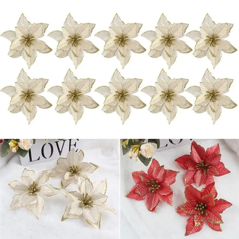 10PCS Christmas Flowers Xmas Christmas Tree Decorations Glitter Wedding Party Artificial Flowers Decor Drop Shipping