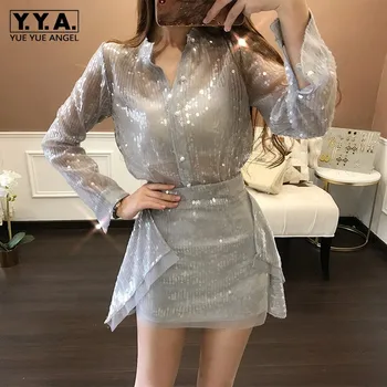 

2020 Spring Elegant Sequins Pearl Button Tops Shirts Sexy Transparent A-Line Short Skirts Streetwear Light Blue Ruffle Skirts