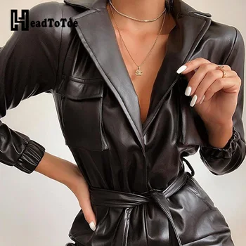 

Solid Tie Waist V-neck Faux Leather PU Jumpsuit Women Long Sleeve Casual One Piece Overalls Women Black Rompers Jumpsuit