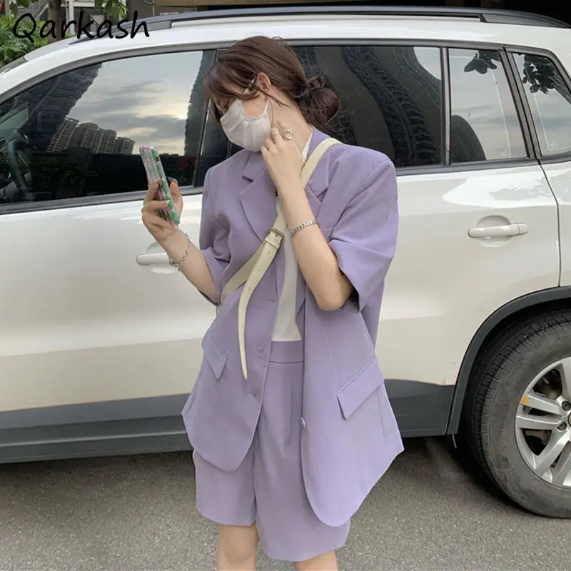 

Женские комплекты, однотонные свободные шорты, Простые Модные женские летние элегантные классические Ulzzang, 2 шт., уличная одежда для колледжа