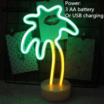 LED Neon Night Light Flamingo Pineapple Cactus Shape with Base Battery Powered Table Lamp for kids room holiday CD50 W05 - Цвет: Армейский зеленый