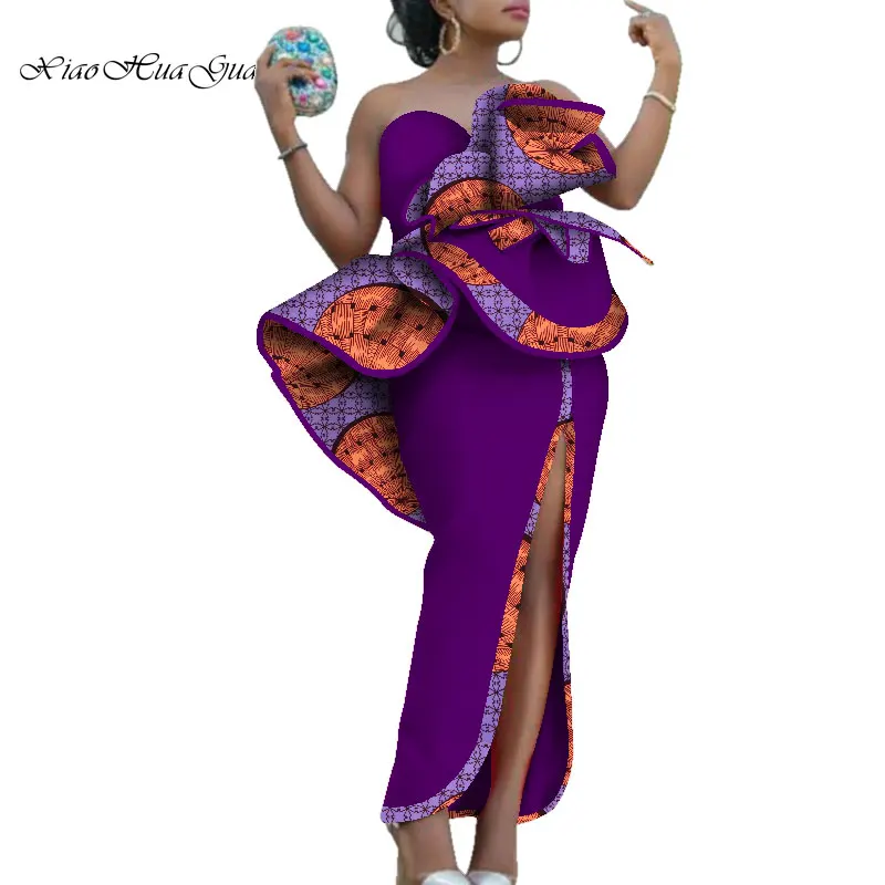 Новинка, элегантные африканские платья для женщин, Африканский принт, хлопок, вырез лодочкой, большой цветок, украшение, женское вечернее платье макси, WY6311