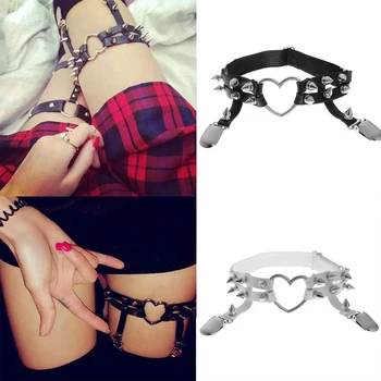 

2Pcs Heart Garters Belts Rivets Gothic Punk Leather Garter Leg Harness Ring Back White Dress Accessories