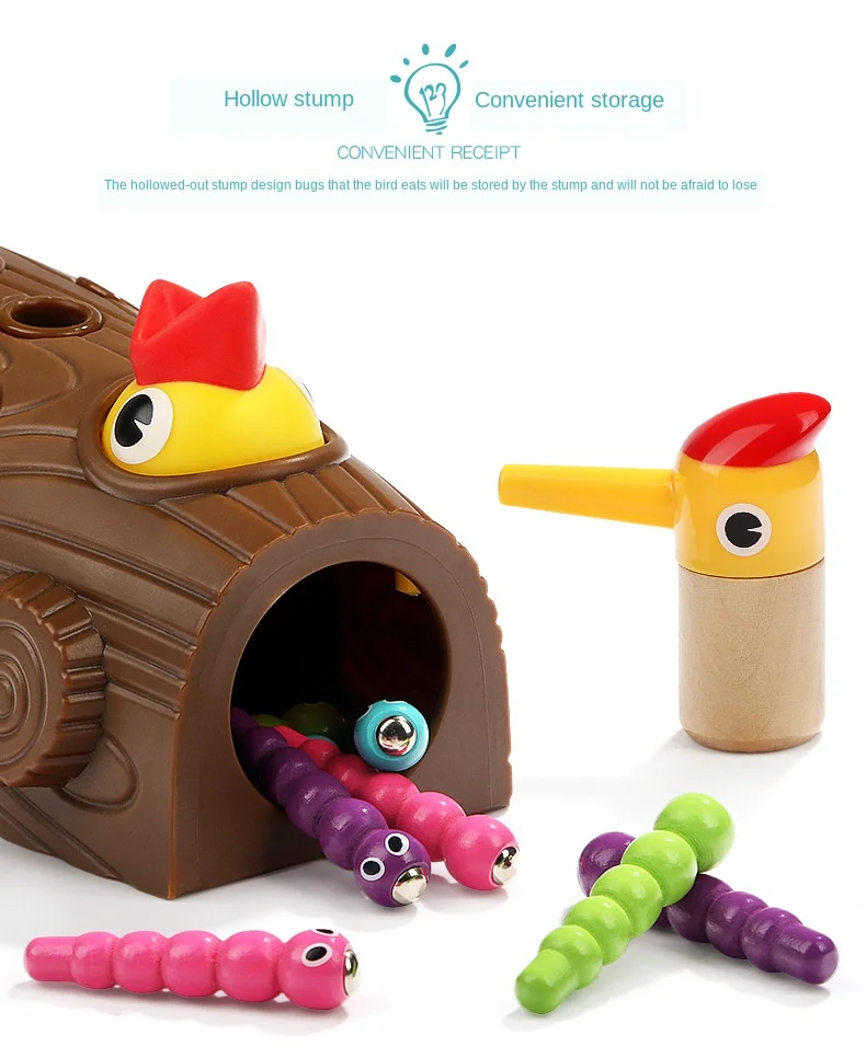 Wooden Woodpecker Magnetic Bug Catching Game Educational Toy for Kids Baby Feed