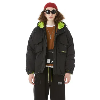 

Winter New Original Basic Paragraph Back Letter Large Print Hooded Cotton Suit Casual Big Pockets Parkas