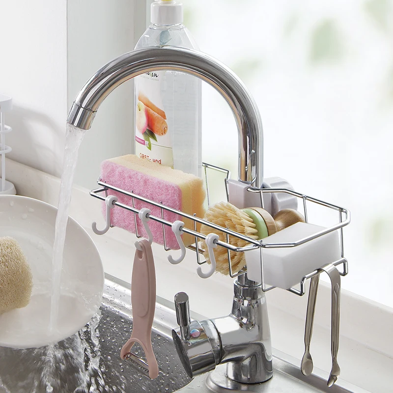 Sink Organizer, Kitchen Faucet Sponge Holder, Drainer Caddy for Dishwashing, Stainless Steel Faucet Storage Rack Hanging