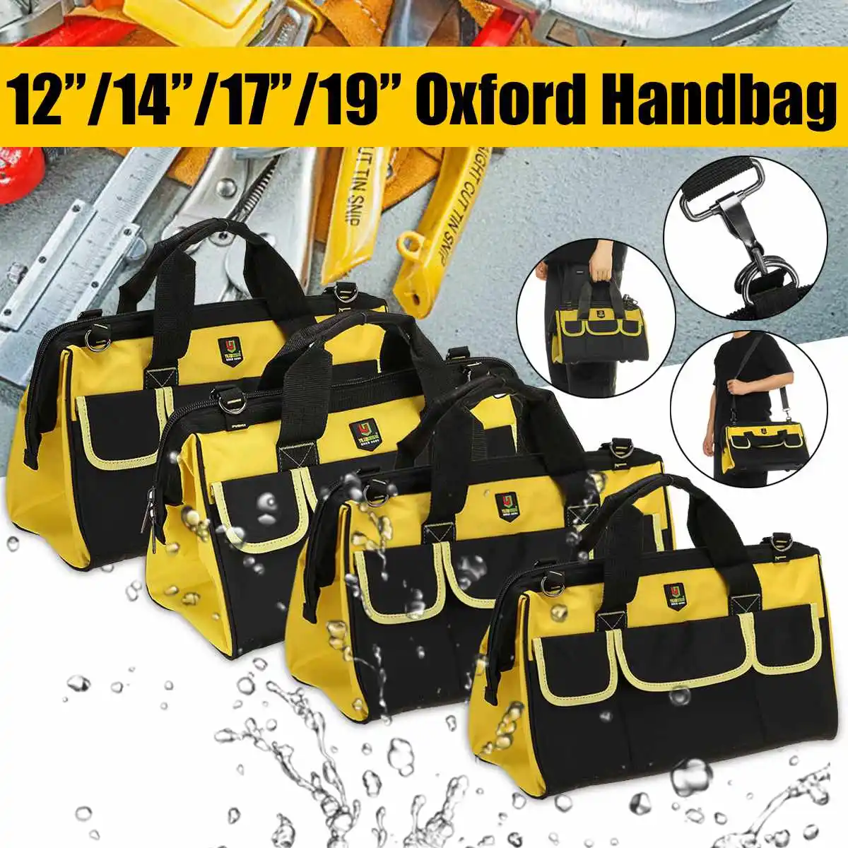 12-19'' Portable Tool Bags Heavy Duty Oxford Cloth Hardware Pouch Toolbags Black 
