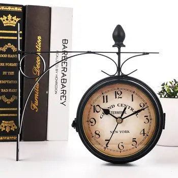 

Double Sided Round Wall Mount Station Clock Garden Vintage Retro Home Decor Metal Frame + Glass Dial Cover Gift