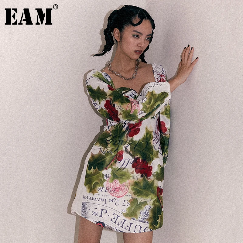 

[EAM] Women Strapless Pattern Print Bandage Temperament Dress New Long Sleeve Loose Fit Fashion Tide Spring Autumn 2019 1B910