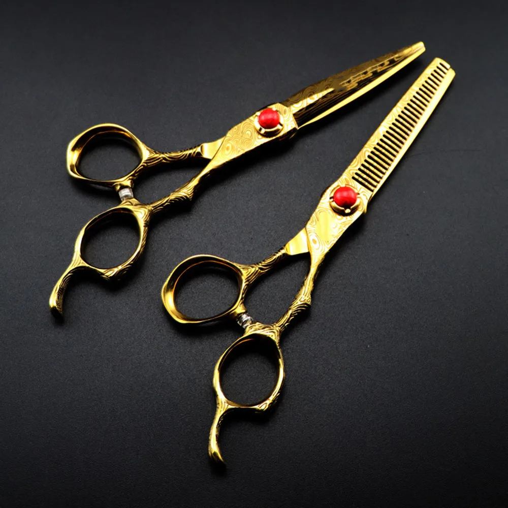 Professionelle 6-Zoll-Schere für gehobene Gold-Damast-Haarschneideschere, Haarschnitt, Ausdünnung, Friseurwerkzeuge, Schnittschere, Friseurschere – Detail 3