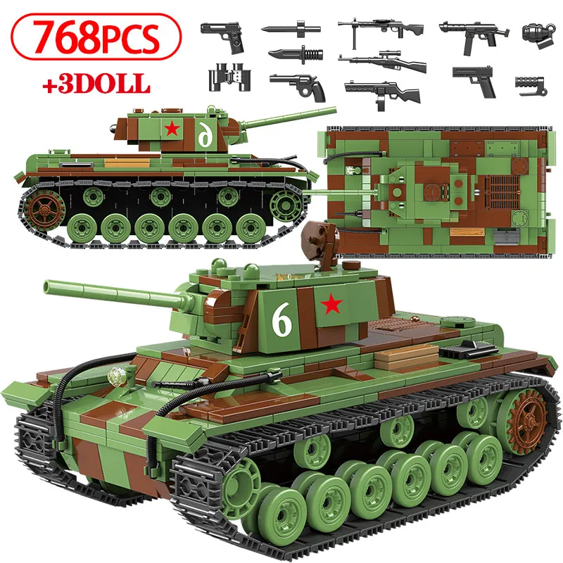 

768PCS Military KV-1 Heavy Panzer Tank Building Blocks Legoing WW2 Tank Technic Soldier Weapon Bricks 100070 Toys For Children