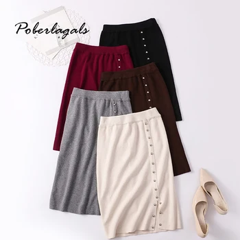 

Autumn winter women knitting bottom Step skirt 2019 Womens lady knit Retro Grey rivet split A-line hip Skirt female skirts