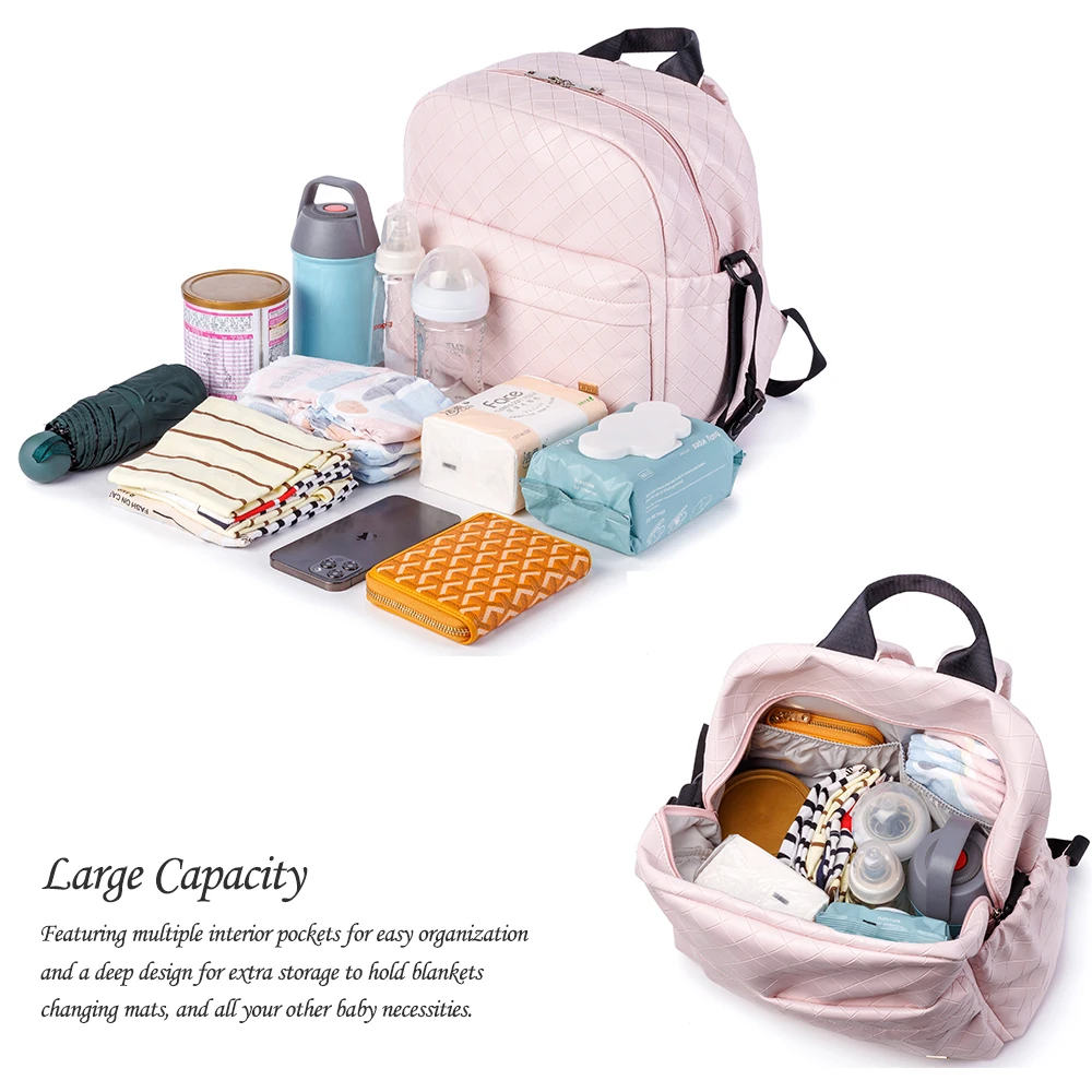 Soboba Fashionable Plaid Pink Diaper Bag for Mommies Large Capacity Well-Organized Space Maternity Backpack for Strollers 3