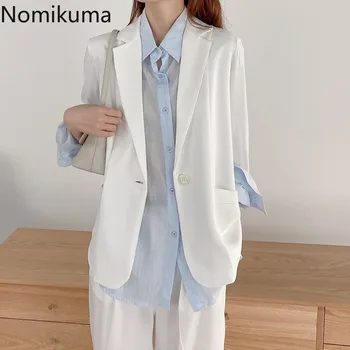 

Nomikuma Korean Style Long Sleeve Thin Blazer Women Solid Color Single Button Casual Fashion Jackets Office Ladies Tops 3c024