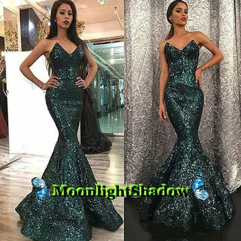 

Green Glitter Sparkly Evening Dress Sexy Mermaid Lace Up Back Dubai Arabic Saudi Arabian Vestidos De Festa Prom Custom Made