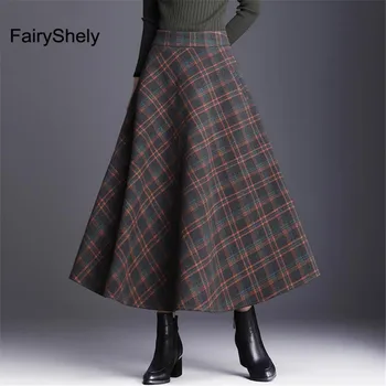 

Fairyshely Vintage High Waist Pleated Skirt Women 2020 Woolen Floral Plaid Midi Skirt Korean Plus Size Long Skirt With Pocket