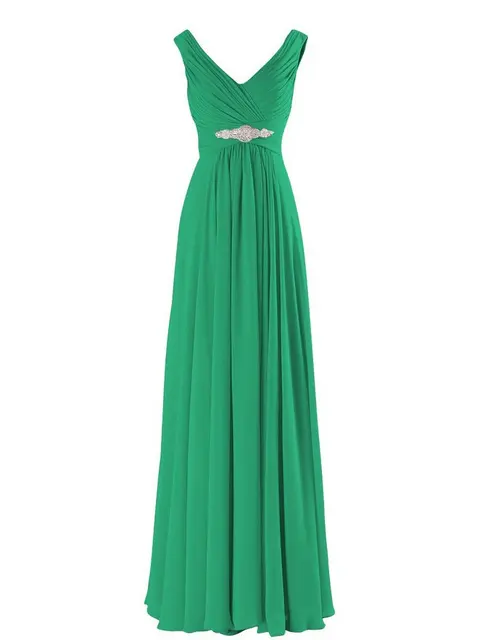 A Line Chiffon V Neck Crystals Eegant Off-Shoulder Formal Prom Wedding Party Bridesmaid Dresses Robe De Soiree Zipper Back Green