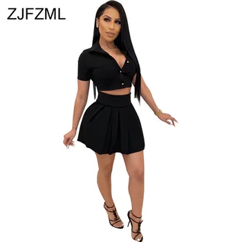 

Neon Orange Yellow 2 Piece Matching Set Women Turn Down Collar Short Sleeve Crop Top And Pleated Mini Skirts Summer Club Outfits