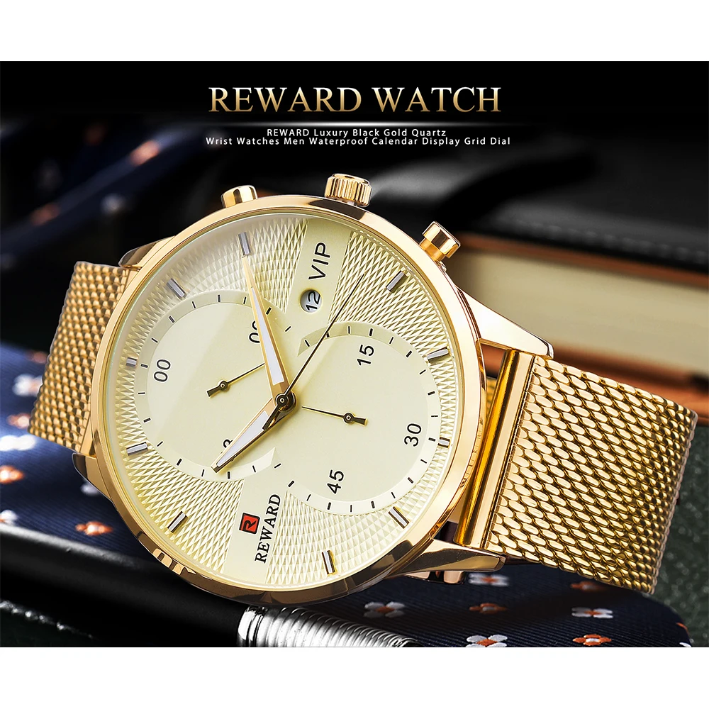 REWARD VIP Gold Watch Male Chronograph Luxury Watch 3ATM Clock Man Luminous Hands Stainless Steel Mesh Strap for Business салатник porcelaine czech gold hands 15 см кружево