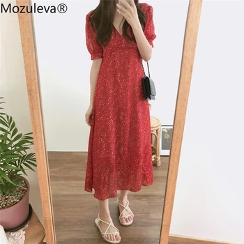 

Mozuleva Chic V-neck High Waist Women Dress 2020 Vintage Summer Vestidos Floral Print Lantern Sleeve A-line Female Dress femme