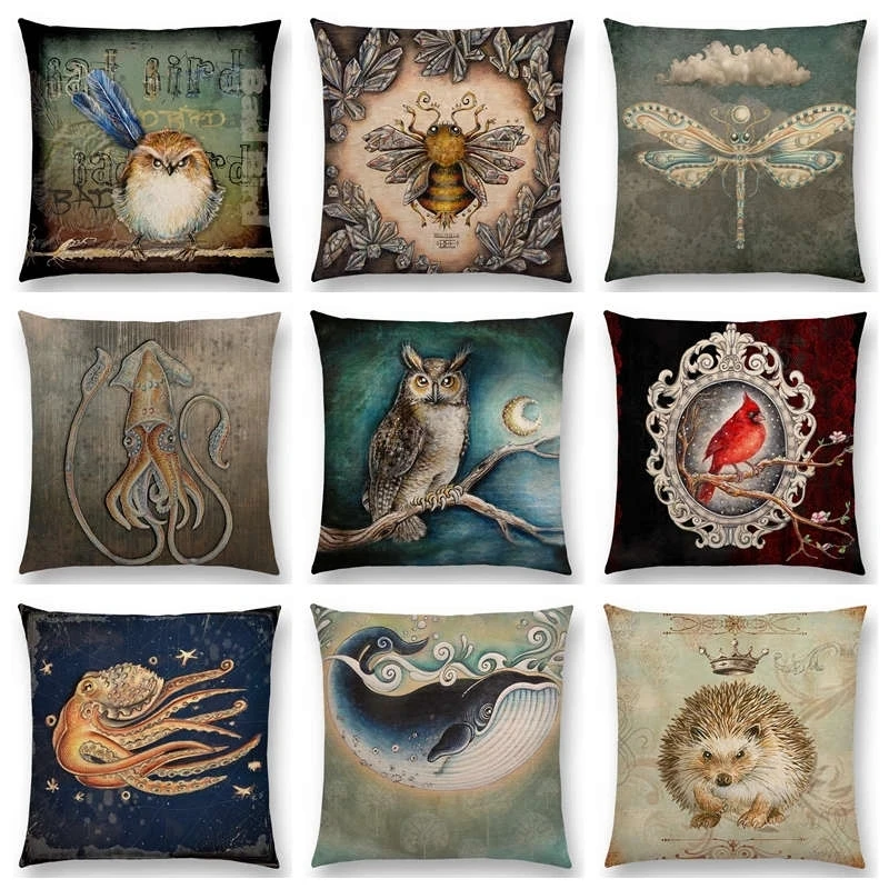 Classic Retro Magical Animals Sofa Throw Pillow Case Blue Whale Owl Bat Bee Octopus Vintage Cushion Cover 45*45CM