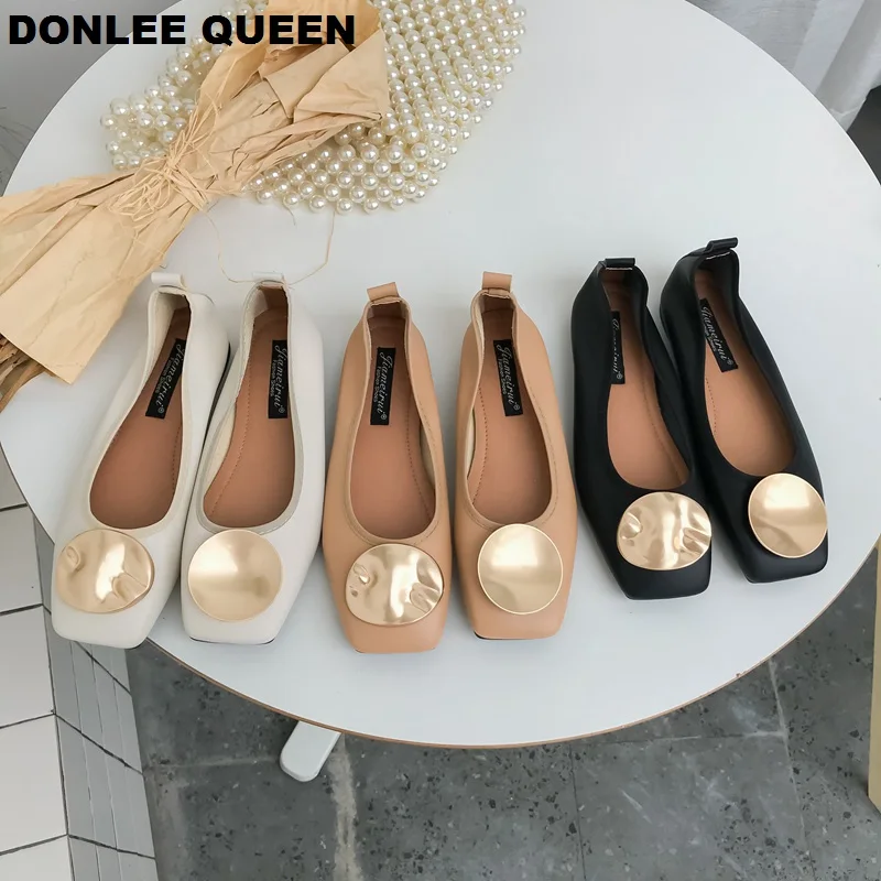 

2019 Fashion Brand Metal Buckle Square Toe Flats Ballet Shoes Slip On Soft Moccasins Flat Casual Loafer Shoe Women zapatos mujer