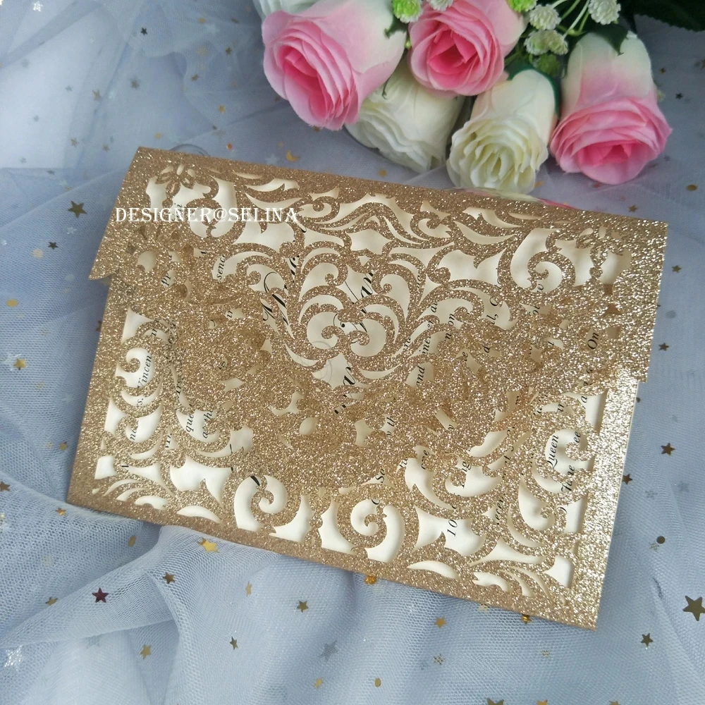 Розовое золото блеск конверт с лазерной резкой свадебные приглашения для печати приглашение для Quinceanera Сладкая шестнадцовая вечеринка