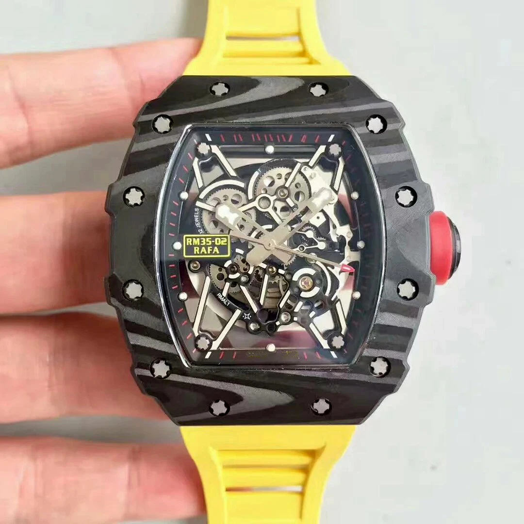 

Luxury Brand New Red Black Yellow Rubber Men Watch Sapphire Automatic Mechanical Carbon Fiber Tourbillion Calendar Skeleton