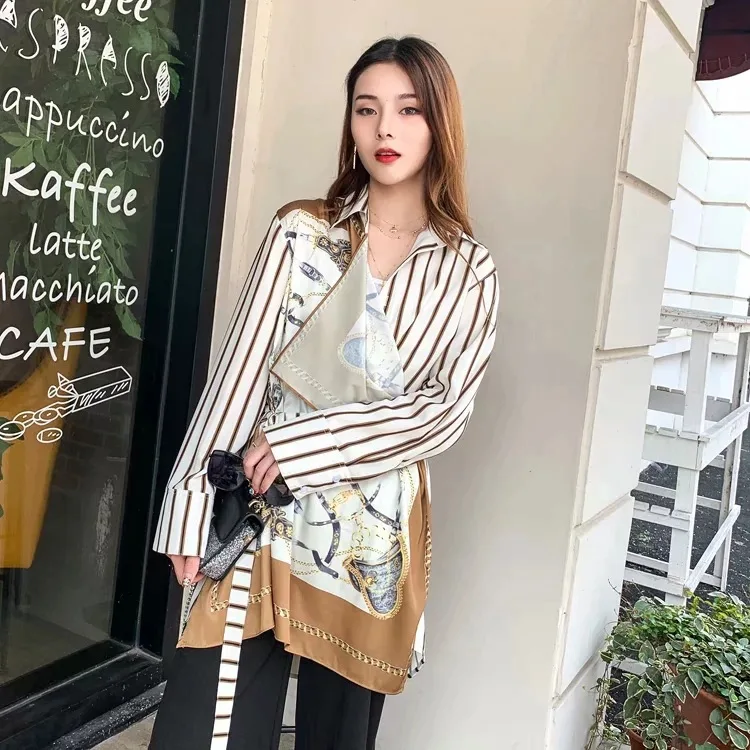 Blouses Woman 2019 Casual Print Stripe Stitching Shirt Women Blouse Women Modis Camisa Femenina Womens Tops and Blouses