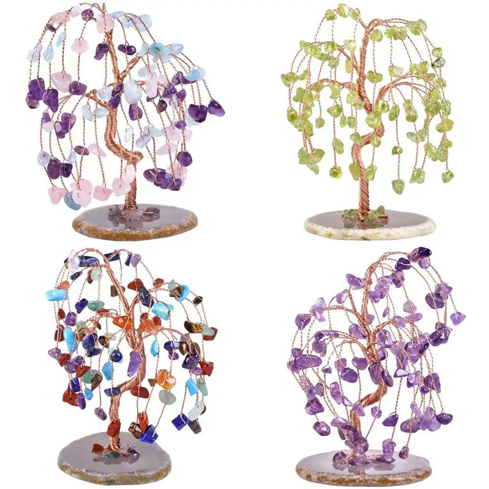 

TUMBEELLUWA Healing Crystal Money Tree Tumbled Stone Ornaments with Agate Slice Base , Wealth Lucky Feng Shui Home Office Decor