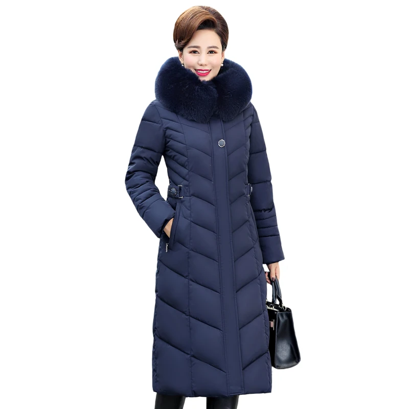 Женский зимний пуховик плюс размер 5XL теплая Утепленная зимняя одежда с капюшоном с меховым воротником Женская парка с хлопковой подкладкой х-длинное пальто