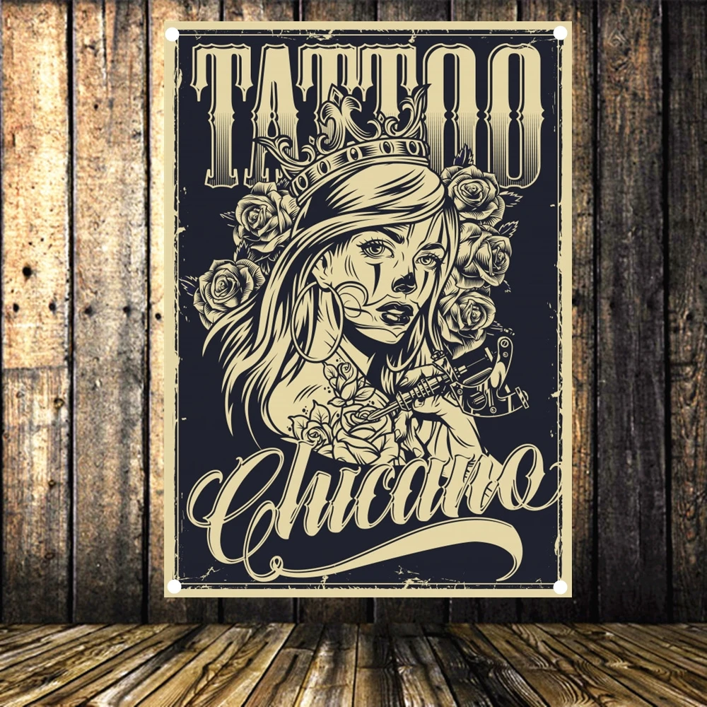 Vintage chicano tattoo poster Wall Art Canvas Painting Flag Banner Tapestry Hanging Mural Tattoo Studio Barber Shop Decor | Дом и сад