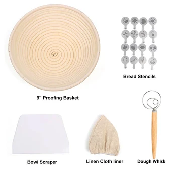 

Round Bread Fermentation Rattan Basket Proofing Country Bread Container Sourdough Baskets with Dough Whisk Scraper Liner Stencil