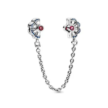

New 2020 Blue & Pink Fan Safety Chain Clip Charms Beads Fit Original Pandora Charm Bracelet for Diy Jewelry Making Gift Silver