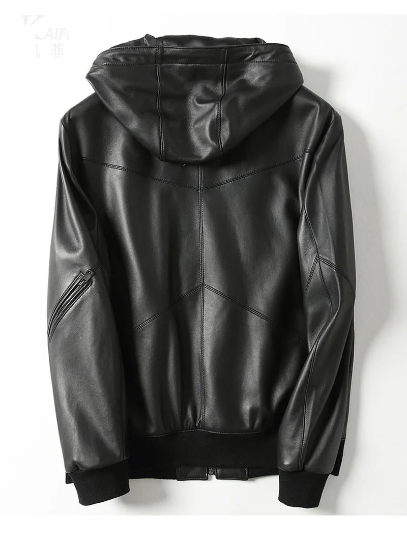Мужская кожаная куртка с капюшоном из натуральной овечьей кожи Бомбер высокого