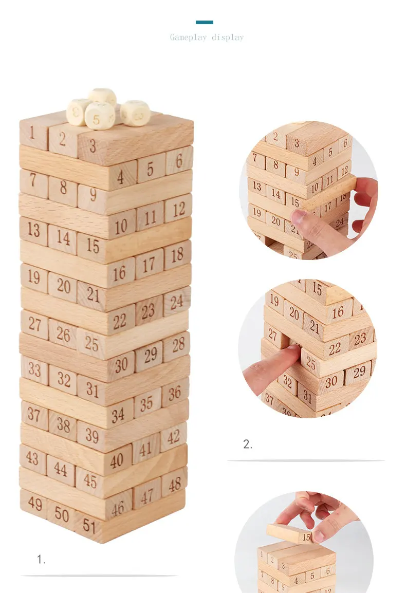 Деревянные игрушки Дженга, 51 шт., большой размер, строительные блоки, настольная игра, цифровая домино, Детская интеллектуальная бревна, игрушка из бука