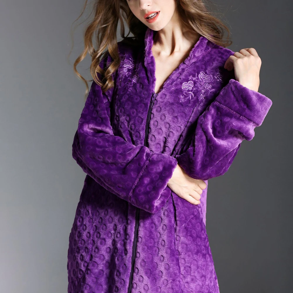 Lu's шикарные женские флисовые халаты на молнии спереди плюшевые кимоно халат мягкий теплый длинный ночной халат домашнее пальто