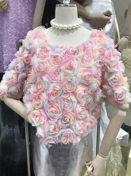 

Pretty Blouse for Women Summer Crop Top Short Pink Three-Dimensional Flowers Short Sleeve Thin Chiffon Shirt Ladies Girls Tops