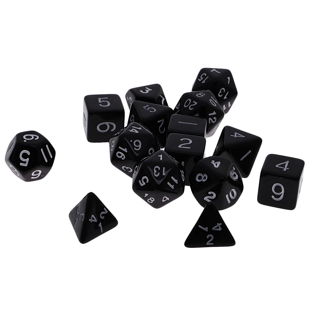 15pcs Number Multisided Dices Set Kids D&D RPG Game Accs with A Bag Black