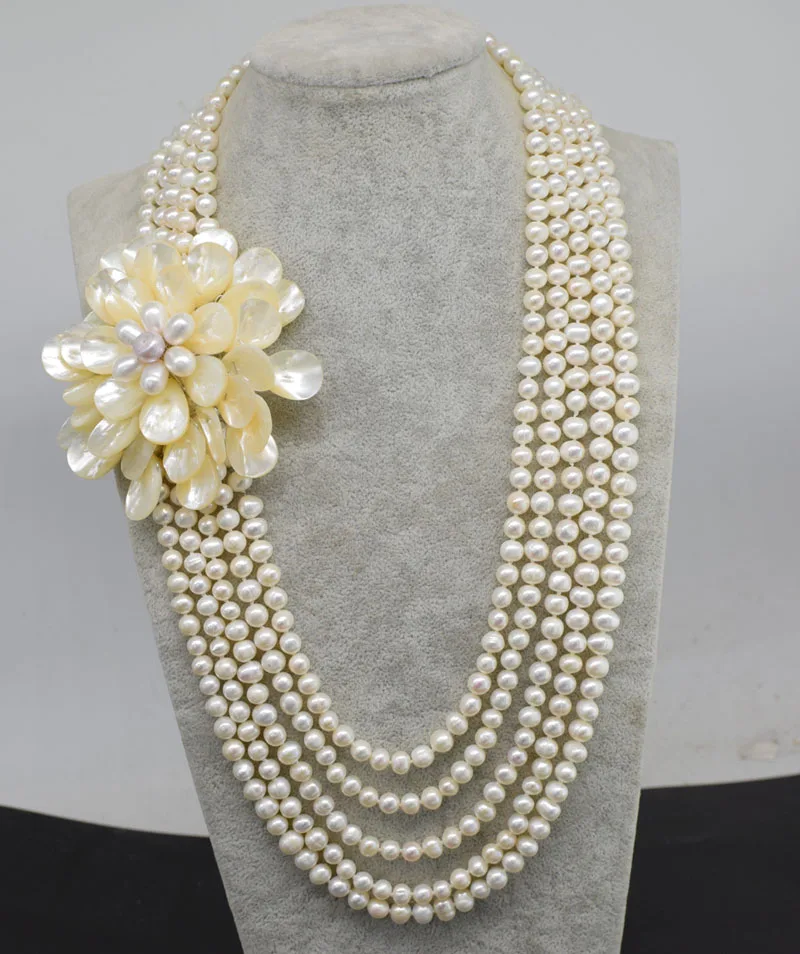 

Вау! 5 рядов, пресноводный жемчуг, белый, неидеально круглый, 7-8 мм, Морская ракушка, цветочное ожерелье, 18-23 дюйма, природный цвет