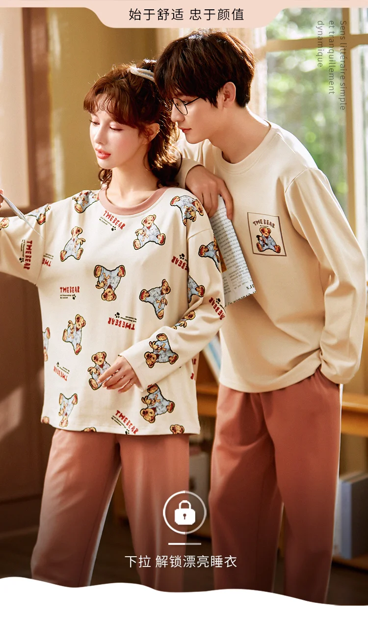 Long Sleeve Winter Pajamas Set for Couple Pink Sweet Girl Kawaii Cartoon Little Bear Sleepwear Cotton Leisure Men Women Homewear mens silk pajama set