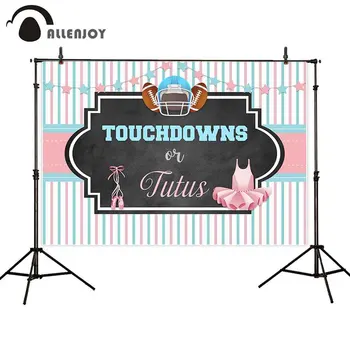 

Allenjoy Touchdowns Tutus Backdrop Pink Blue Stripes Football Ballet Stars Supplies Gender Reveal Girl or Boy Party Banner Cloth