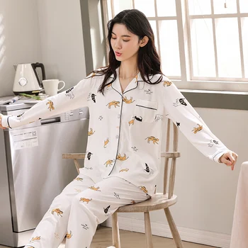 

Winter Turn-down Collar Sleepwear Long Sleeve Cotton Nightwear Ladies Pure Color Pajamas Set Big Size Girl Home Cloting