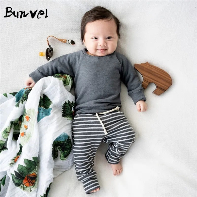 Bunvel/Модный комплект одежды для малышей, однотонный цвет+ штаны в полоску, комплект одежды из 2 предметов, повседневные топы, штаны осенне-зимняя одежда, f