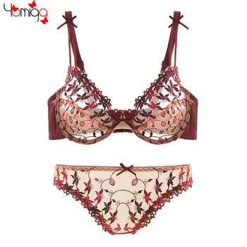 

Cheap embroidery bra set women intimates deep V bra and briefs underwear sexy unlined transparent ladies bra
