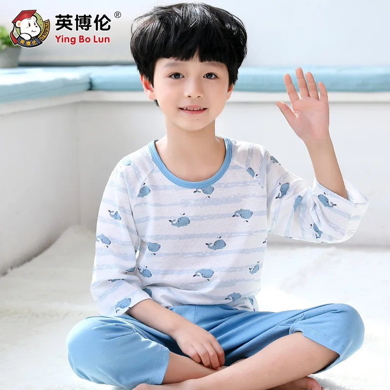 

Summer BOY'S Pure Cotton Pajamas Children Half-sleeve Shirt Big Boy Baby Thin Home Air Conditioning Clothes Boy