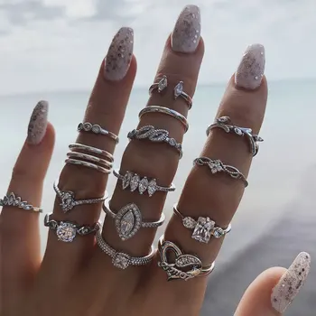 

15pcs Bohemian Midi Knuckle Ring Set For Women Crystal Oval Princess Geometric Heart Crown Finger Rings Vintage Jewelry Gifts